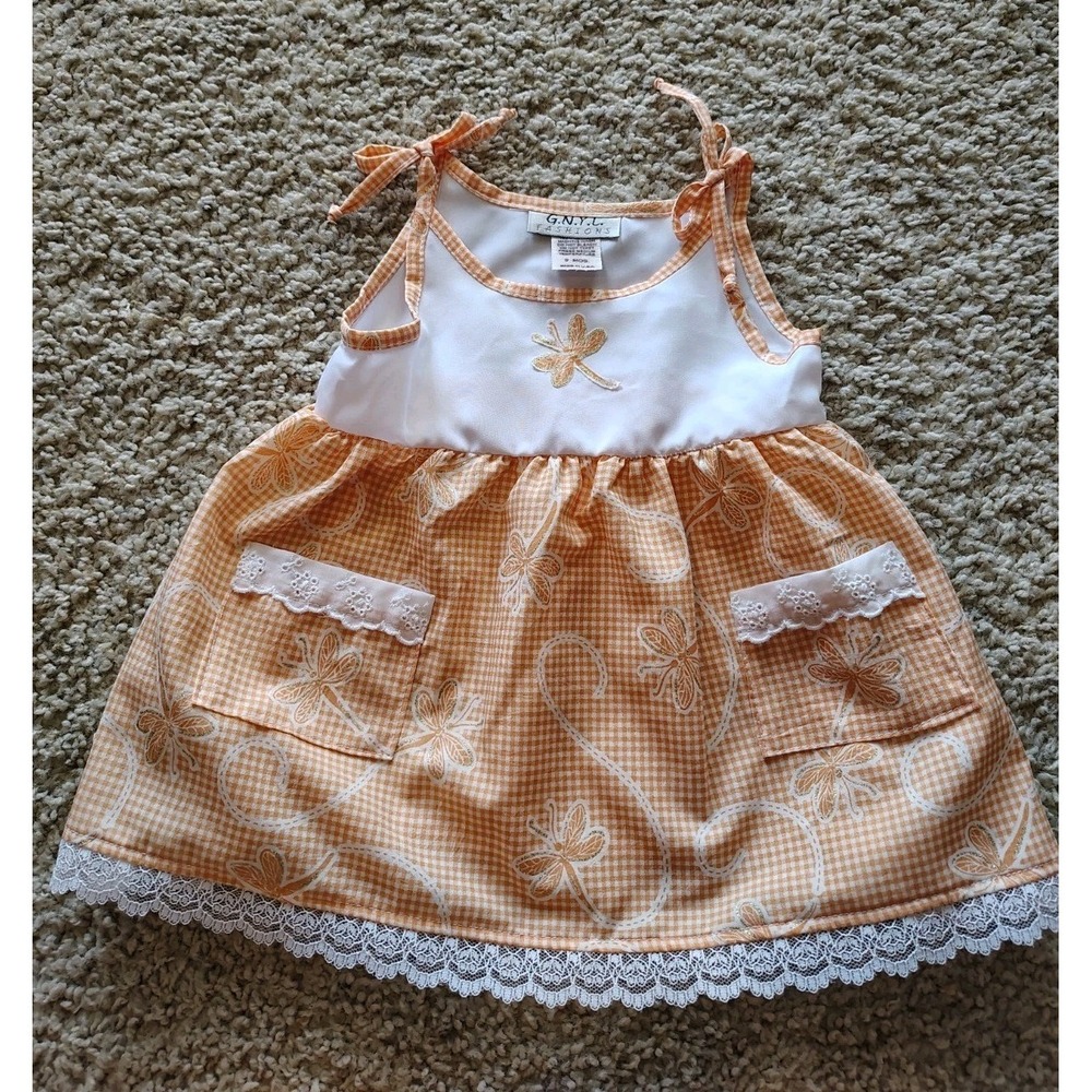 Vintage G.N.Y. Fashions Baby Girl Dress 9 Mos USA Made Orange Gingham Dragonfly